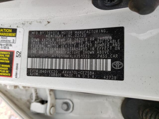 4T1G11AKXLU351332 - 2020 TOYOTA CAMRY SE WHITE photo 12