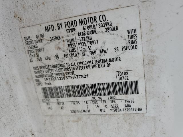 1FTRX12W37FA77821 - 2007 FORD F150 WHITE photo 12