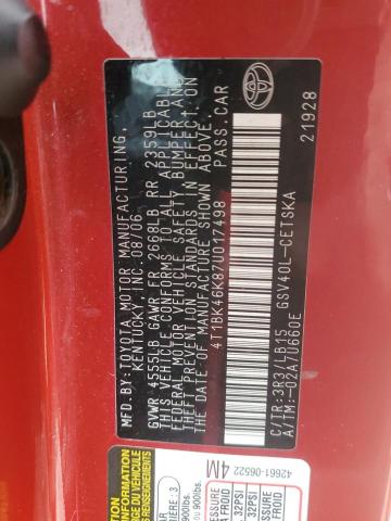 4T1BK46K87U017498 - 2007 TOYOTA CAMRY LE RED photo 12