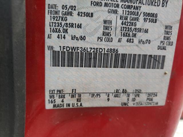 1FDWF36L72ED14886 - 2002 FORD F350 SUPER DUTY RED photo 10