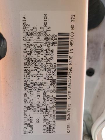 3TMJU4GN4CM135369 - 2012 TOYOTA TACOMA DOUBLE CAB PRERUNNER WHITE photo 12