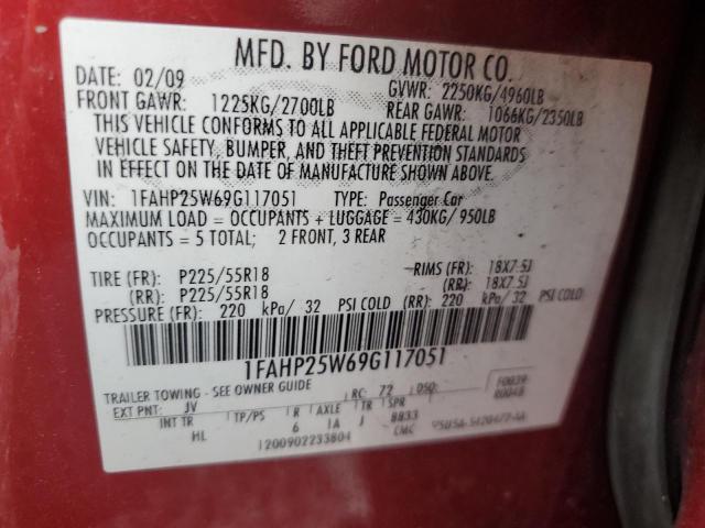 1FAHP25W69G117051 - 2009 FORD TAURUS LIMITED RED photo 13