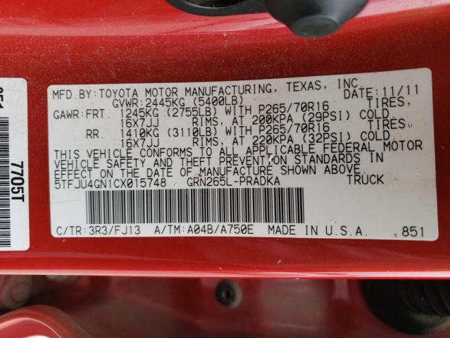 5TFJU4GN1CX015748 - 2012 TOYOTA TACOMA DOUBLE CAB PRERUNNER RED photo 12