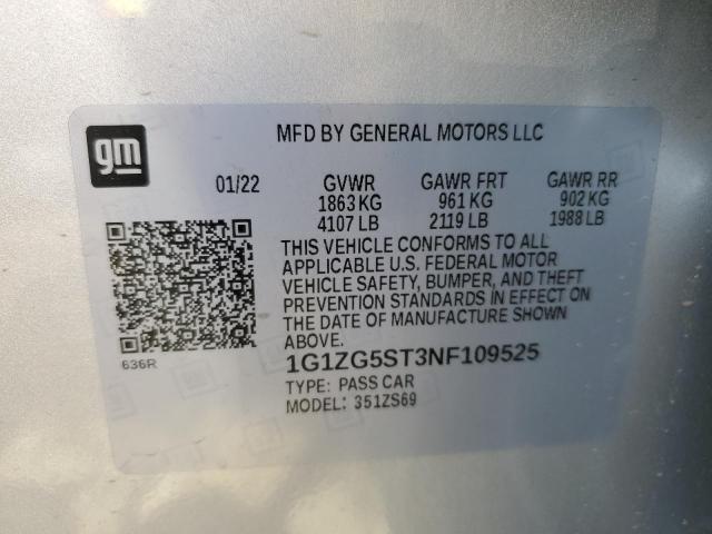 1G1ZG5ST3NF109525 - 2022 CHEVROLET MALIBU RS 银色 照片 12