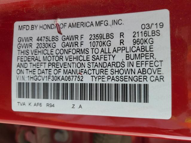 1HGCV1F30KA067752 - 2019 HONDA ACCORD SPORT RED photo 13