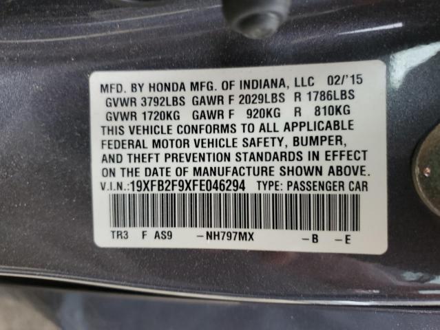 19XFB2F9XFE046294 - 2015 HONDA CIVIC EXL ნაცრისფერი ფოტო 12