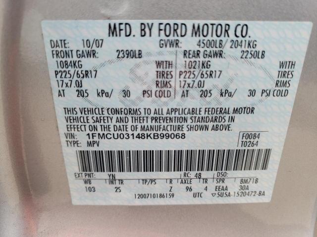 1FMCU03148KB99068 - 2008 FORD ESCAPE XLT SILVER photo 12