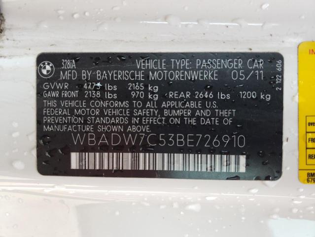 WBADW7C53BE726910 - 2011 BMW 328 I SULEV WHITE photo 12