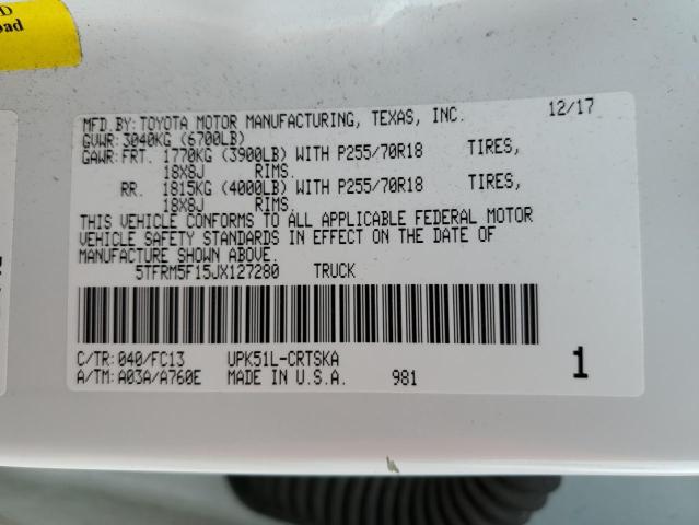 5TFRM5F15JX127280 - 2018 TOYOTA TUNDRA DOUBLE CAB SR/SR5 WHITE photo 12