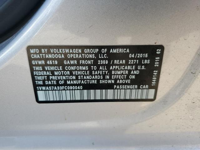 1VWAS7A33FC090040 - 2015 VOLKSWAGEN PASSAT S SILVER photo 12