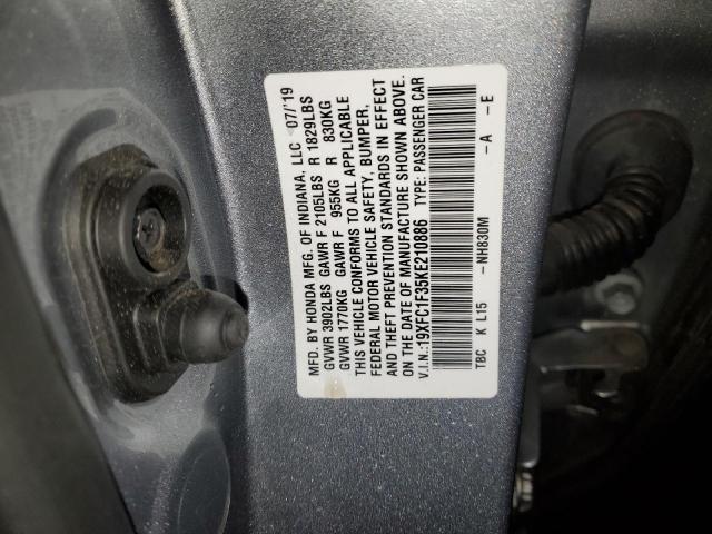 19XFC1F35KE210886 - 2019 HONDA CIVIC EX SILVER photo 12