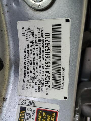 2HGFA16506H528210 - 2006 HONDA CIVIC LX SILVER photo 12