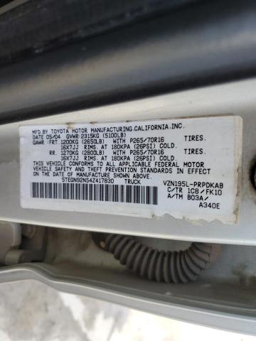 5TEGN92N54Z417830 - 2004 TOYOTA TACOMA DOUBLE CAB PRERUNNER SILVER photo 12
