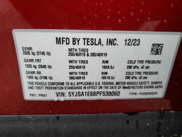 5YJSA1E68PF530060 - 2023 TESLA MODEL S 红色 照片 12