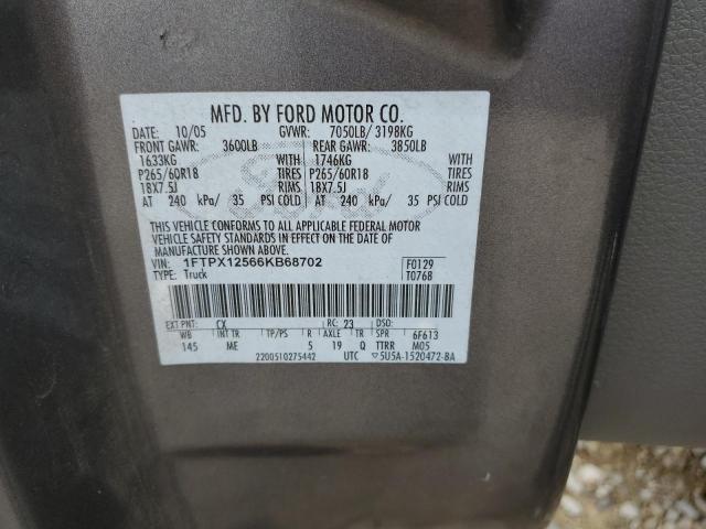 1FTPX12566KB68702 - 2006 FORD F150 GRAY photo 12