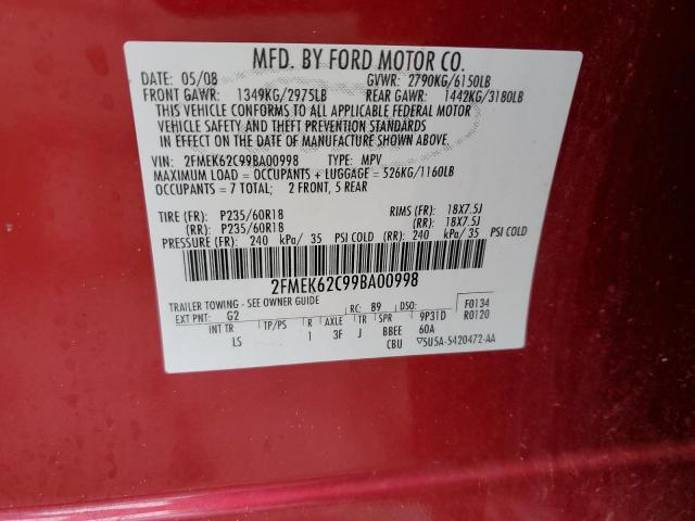 2FMEK62C99BA00998 - 2009 FORD FLEX SEL RED photo 13