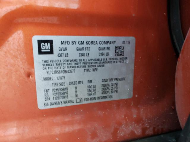 KL7CJRSB1GB643577 - 2016 CHEVROLET TRAX LTZ ORANGE photo 12