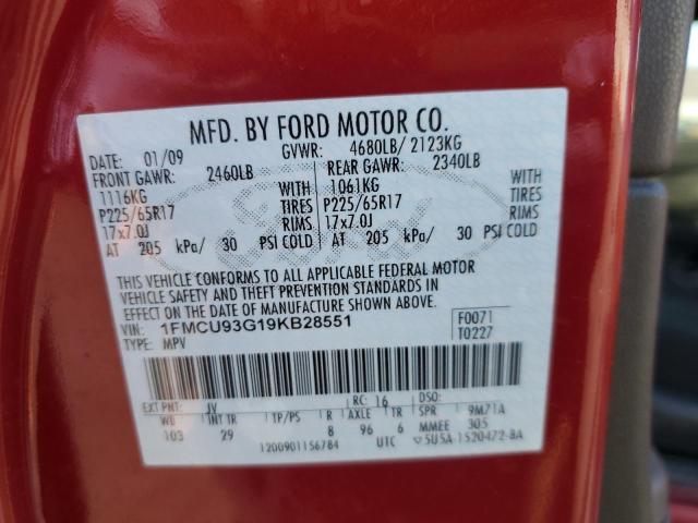 1FMCU93G19KB28551 - 2009 FORD ESCAPE XLT 红色 照片 12