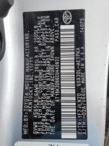 4T1BK3DB6CU440832 - 2012 TOYOTA AVALON BASE 银色 照片 12