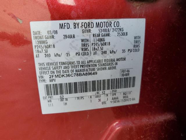 2FMDK36C78BA89649 - 2008 FORD EDGE SE RED photo 12