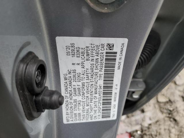 2HGFC2F83LH551941 - 2020 HONDA CIVIC SPORT SILVER photo 12