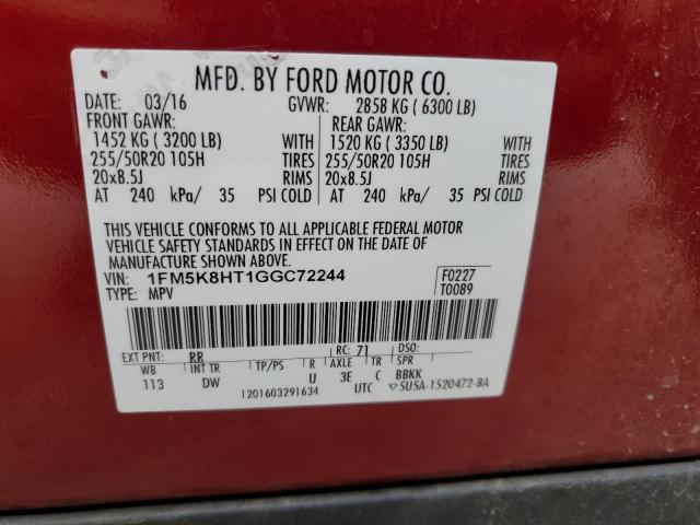 1FM5K8HT1GGC72244 - 2016 FORD EXPLORER PLATINUM RED photo 13