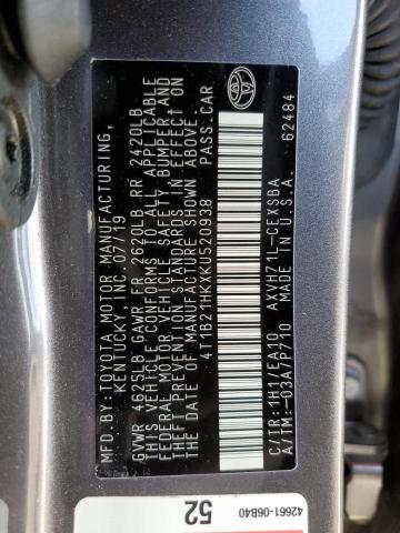 4T1B21HKXKU520938 - 2019 TOYOTA CAMRY HYBRID GRAY photo 12