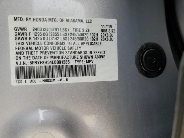 5FNYF8H54LB001285 - 2020 HONDA PASSPORT EXL SILVER photo 12