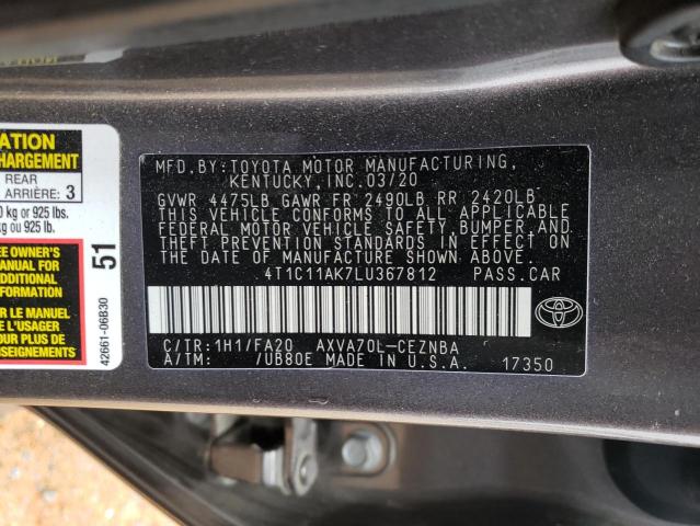 4T1C11AK7LU367812 - 2020 TOYOTA CAMRY LE GRAY photo 12