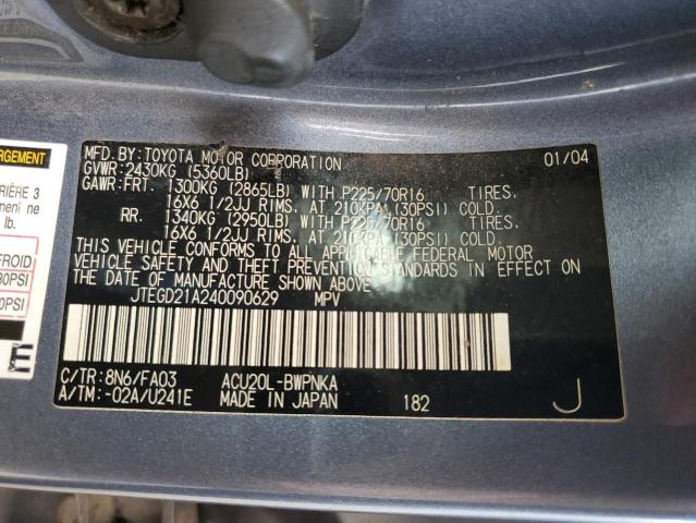 JTEGD21A240090629 - 2004 TOYOTA HIGHLANDER GRAY photo 13