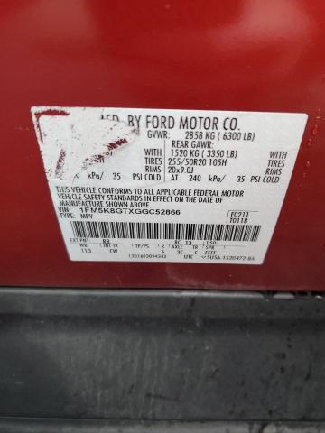 1FM5K8GTXGGC52866 - 2016 FORD EXPLORER SPORT RED photo 12