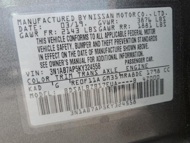 3N1AB7AP5KY324558 - 2019 NISSAN SENTRA S GRAY photo 12