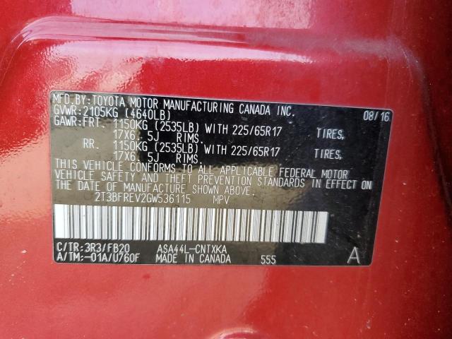2T3BFREV2GW536115 - 2016 TOYOTA RAV4 LE RED photo 12