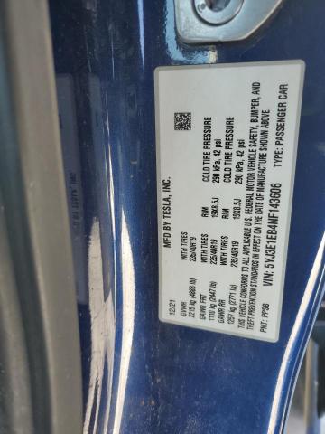 5YJ3E1EB4NF143606 - 2022 TESLA MODEL 3 Синій фото 12