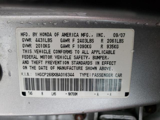 1HGCP268X8A016344 - 2008 HONDA ACCORD EXL SILVER photo 12