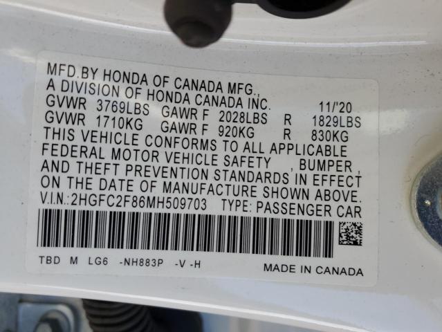 2HGFC2F86MH509703 - 2021 HONDA CIVIC SPORT 白色 照片 12