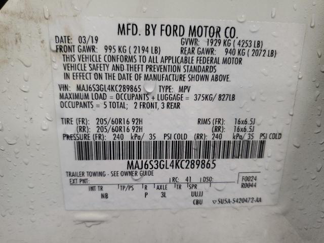 MAJ6S3GL4KC289865 - 2019 FORD ECOSPORT SE თეთრი ფოტო 13