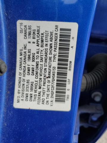 2HGFC2F77GH545153 - 2016 HONDA CIVIC EX BLUE photo 12