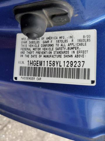 1HGEM1158YL129237 - 2000 HONDA CIVIC SI BLUE photo 12