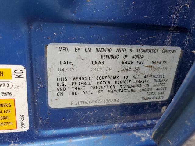 KL1TD56647B178302 - 2007 CHEVROLET AVEO BASE Mavi foto 12