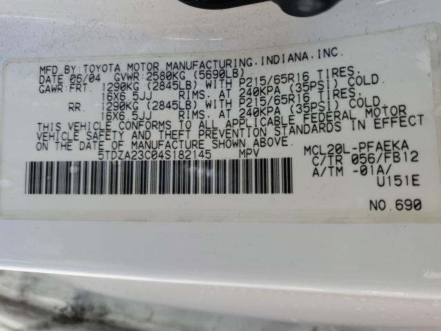 5TDZA23C04S182145 - 2004 TOYOTA SIENNA CE WHITE photo 13