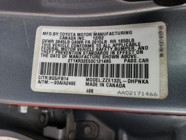 2T1KR32E53C121495 - 2003 TOYOTA COROLLA MA XR BLUE photo 12