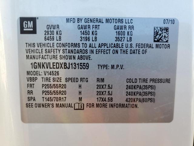 1GNKVLEDXBJ131559 - 2011 CHEVROLET TRAVERSE LTZ WHITE photo 12