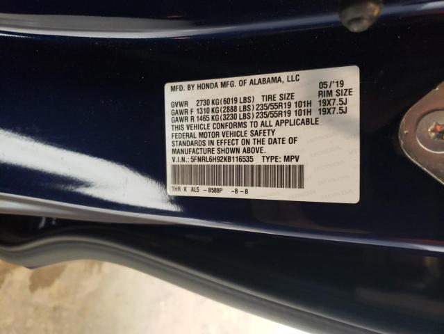 5FNRL6H92KB116535 - 2019 HONDA ODYSSEY ELITE Azul foto 14