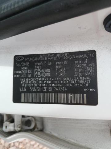 5NMSH13E19H247314 - 2009 HYUNDAI SANTA FE SE WHITE photo 12