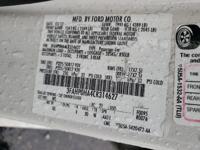 3FAHP0HA4CR314627 - 2012 FORD FUSION SE WHITE photo 12