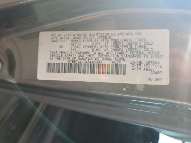 5TBBT44134S448903 - 2004 TOYOTA TUNDRA ACCESS CAB SR5 GRAY photo 12