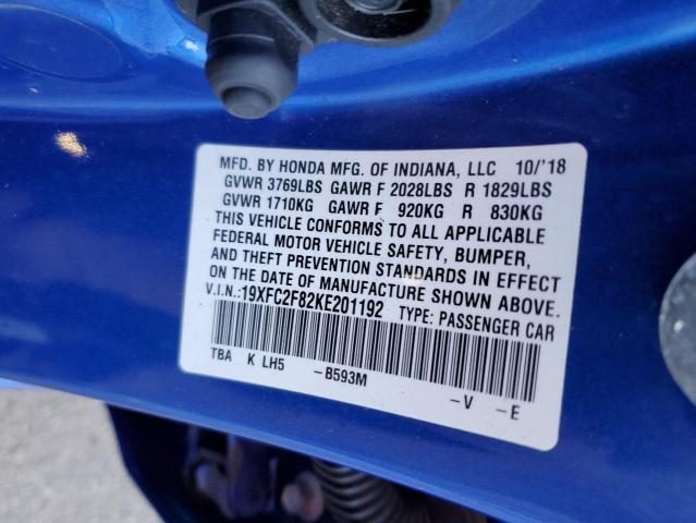 19XFC2F82KE201192 - 2019 HONDA CIVIC SPORT 蓝色 照片 12