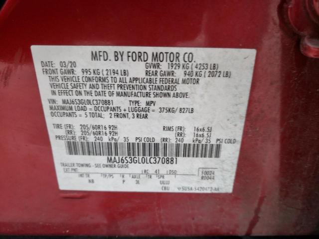 MAJ6S3GL0LC370881 - 2020 FORD ECOSPORT SE Rouge photo 13