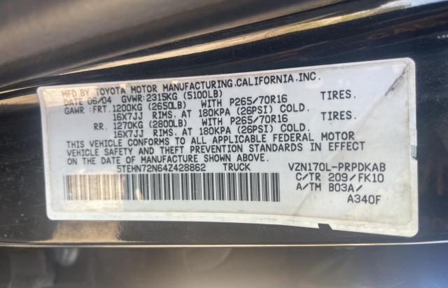 5TEHN72N64Z428862 - 2004 TOYOTA TACOMA DOUBLE CAB 黑色 照片 10